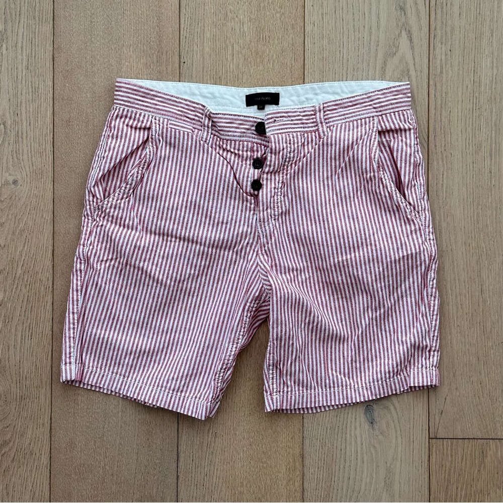 River Island Men’s Red & White Stripe Cotton Shorts with Buttons - 34 waist